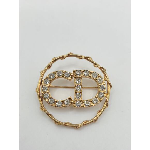 Christian Dior Gold-tone Crystal CD Logo Round Brooch - Picture 3 of 10